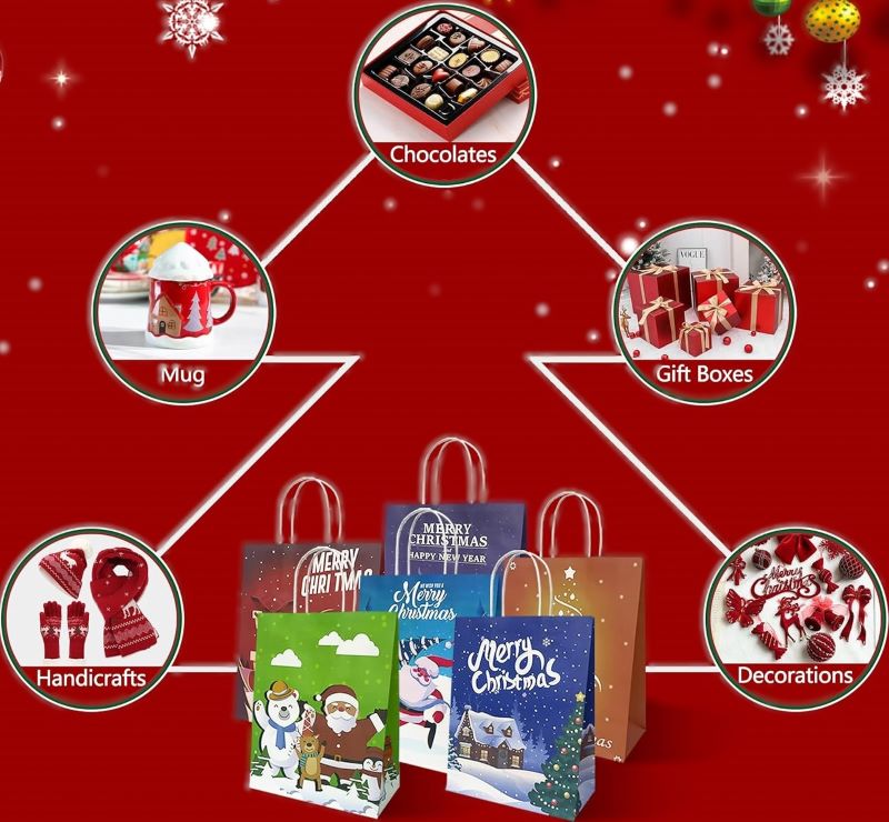 24PCS Christmas Gift Bags – 6 Kraft Designs, Holiday Paper Bags with Handles