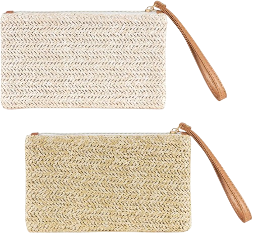 2Pcs Straw Clutch Purse Set – Boho Beach Handbags for Women
