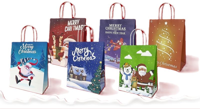 24PCS Christmas Gift Bags – 6 Kraft Designs, Holiday Paper Bags with Handles