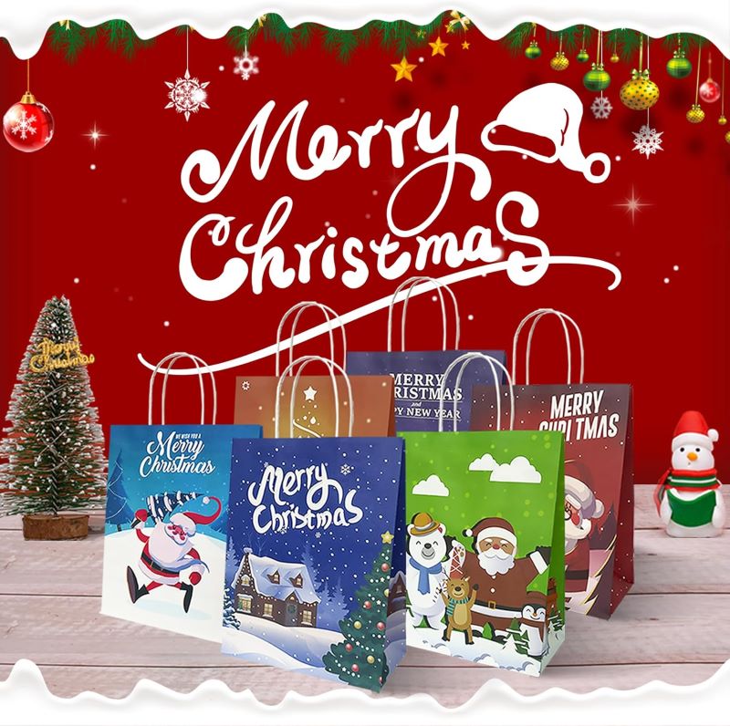 24PCS Christmas Gift Bags – 6 Kraft Designs, Holiday Paper Bags with Handles