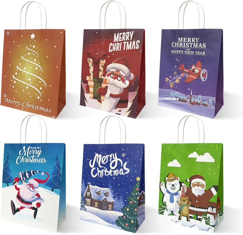 24PCS Christmas Gift Bags – 6 Kraft Designs, Holiday Paper Bags with Handles