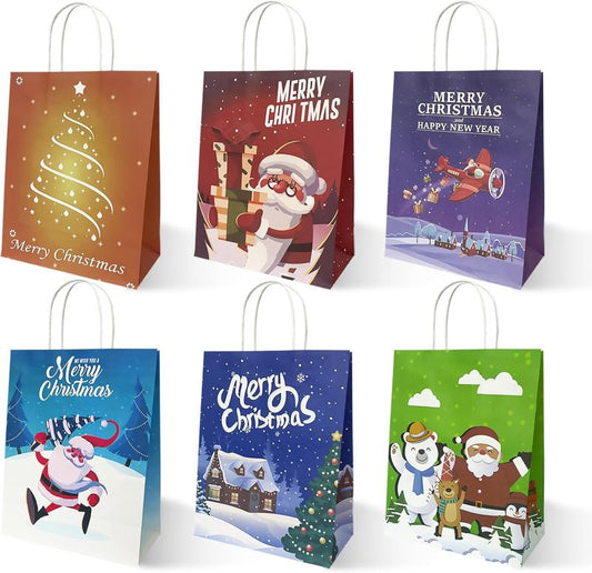 24PCS Christmas Gift Bags – 6 Kraft Designs, Holiday Paper Bags with Handles
