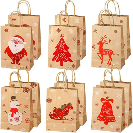 12 Christmas Gift Bags with Handles - Kraft Paper, 6 Festive Styles