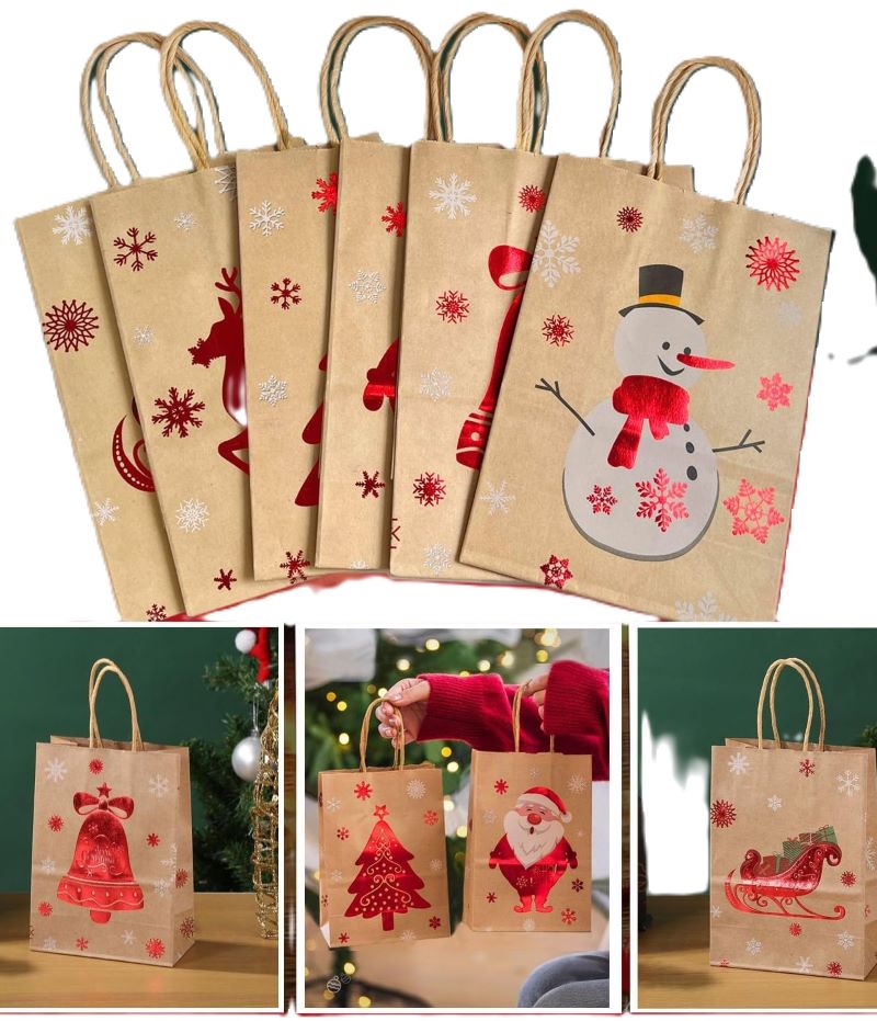 12 Christmas Gift Bags with Handles - Kraft Paper, 6 Festive Styles