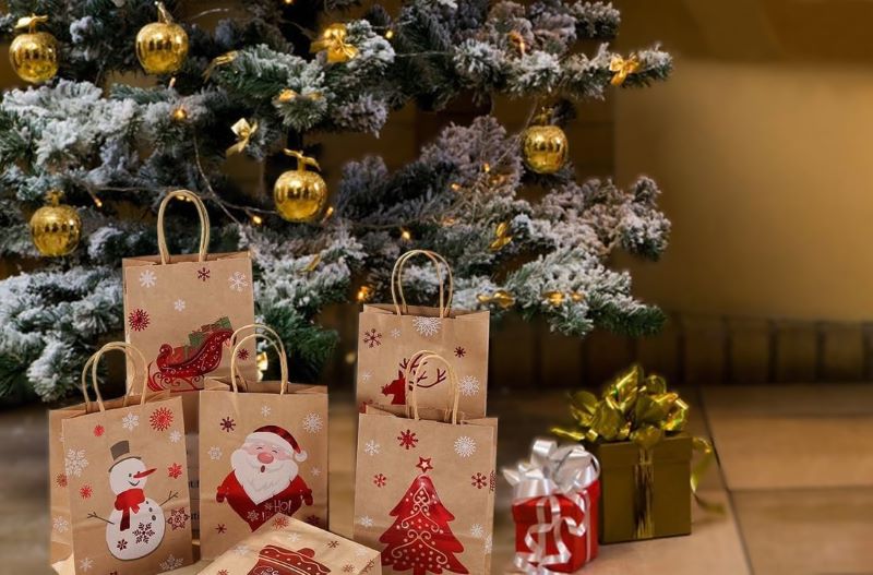 12 Christmas Gift Bags with Handles - Kraft Paper, 6 Festive Styles