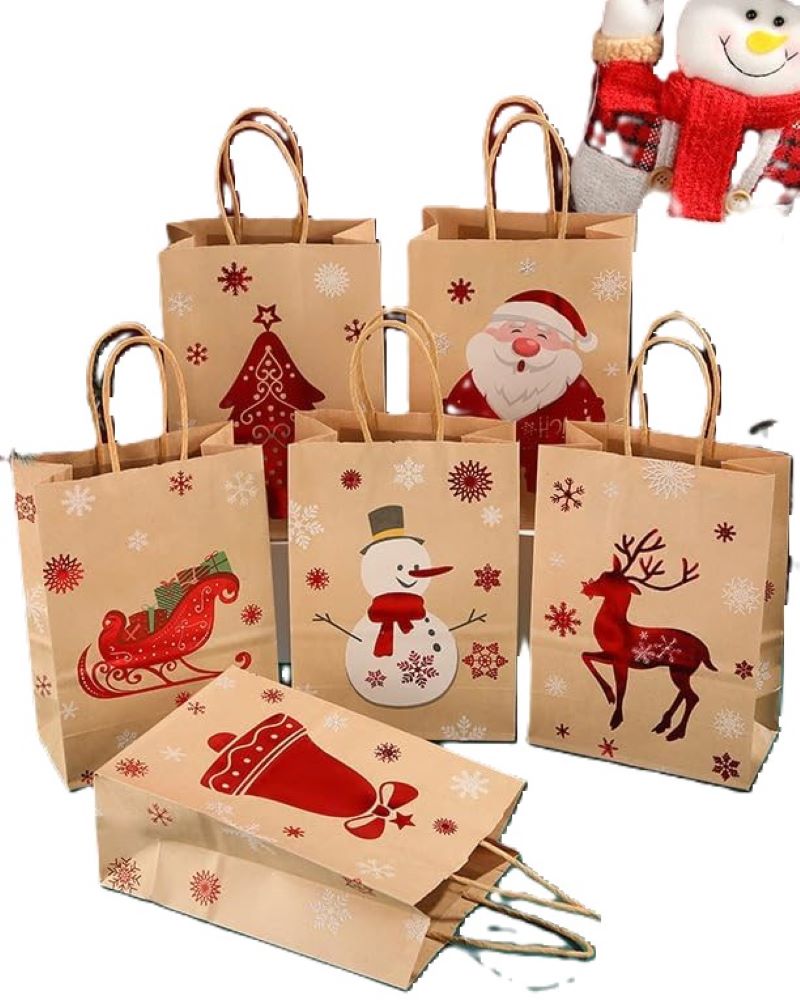 12 Christmas Gift Bags with Handles - Kraft Paper, 6 Festive Styles