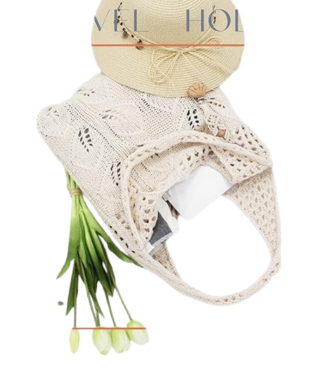 Crochet Tote Bag with Macrame Hat Clip-Cute Summer Beach Bag for Women Travel