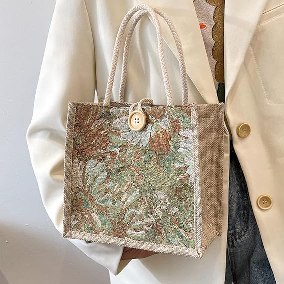Women Tote Bag, 2Pcs Jute Casual Tote Handbag Embroidered Bento Bag