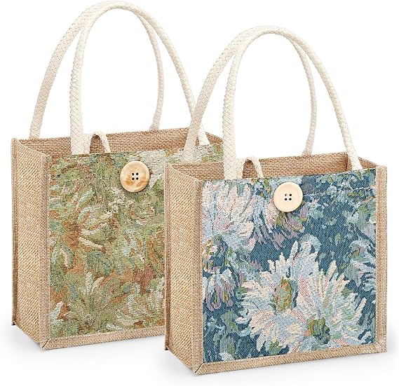 Women Tote Bag, 2Pcs Jute Casual Tote Handbag Embroidered Bento Bag