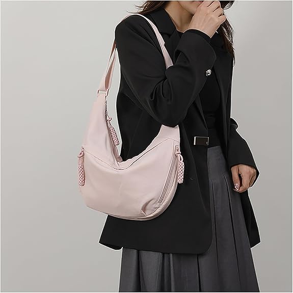 Nylon Crescent Shoulder Bag for Women - Slouchy Crossbody Hobo Purse