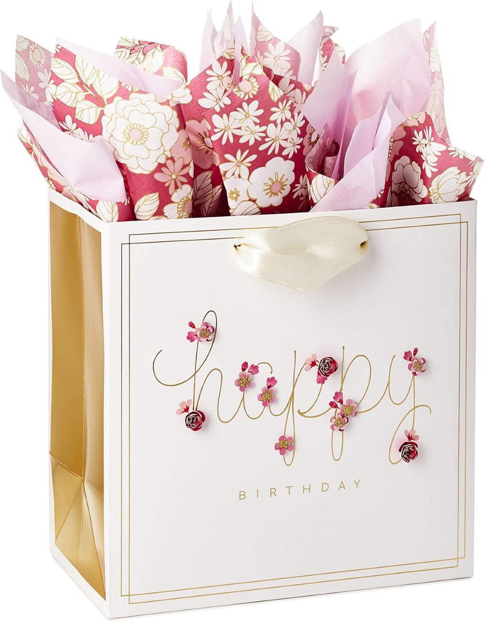 7" Medium Birthday Gift Bag Pink Flowers + Tissue