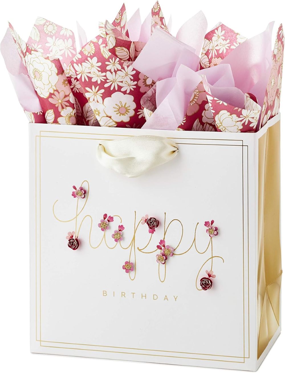 7" Medium Birthday Gift Bag Pink Flowers + Tissue