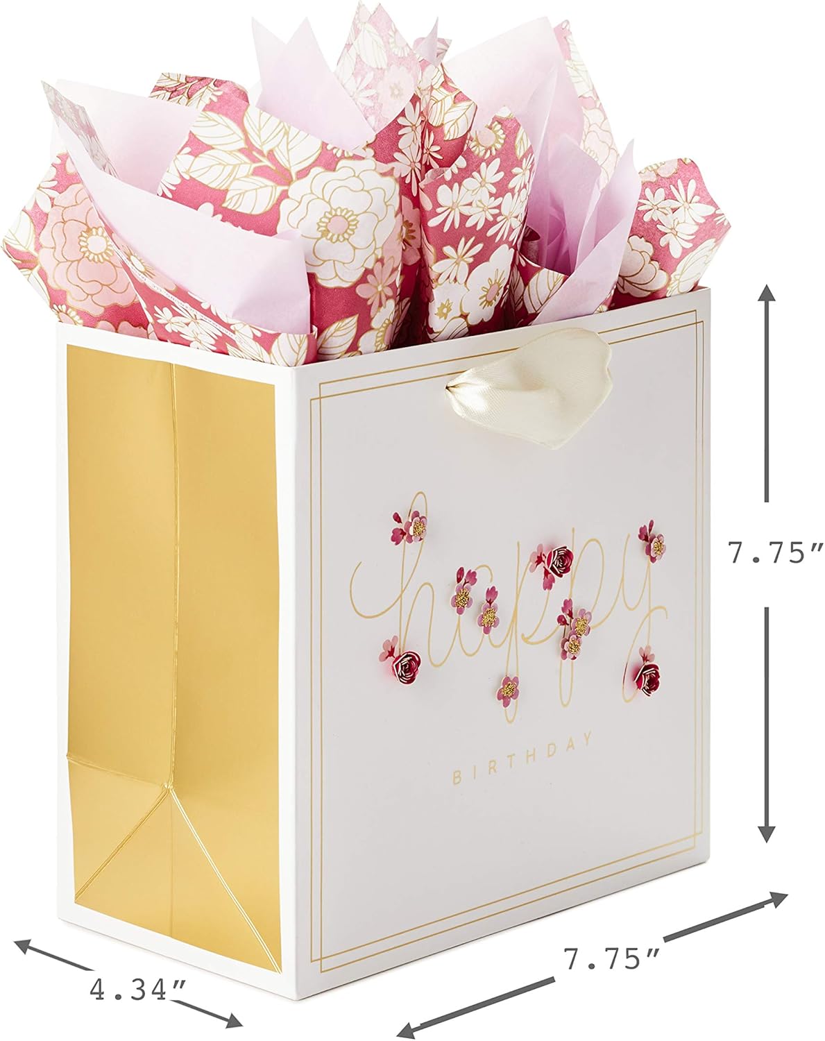 7" Medium Birthday Gift Bag Pink Flowers + Tissue