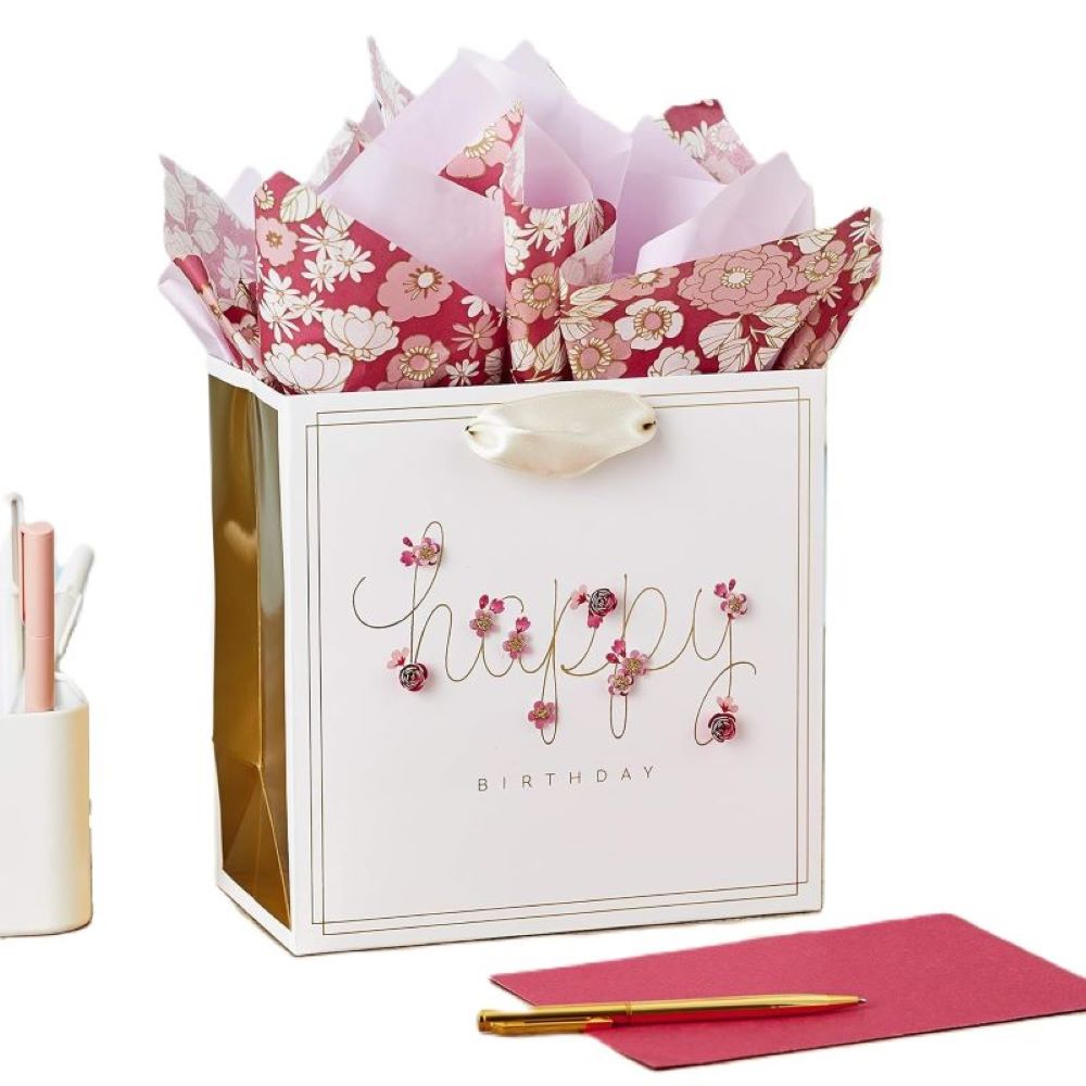 7" Medium Birthday Gift Bag Pink Flowers + Tissue