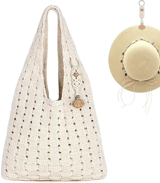 Crochet Tote Bag with Macrame Hat Clip-Cute Summer Beach Bag for Women Travel