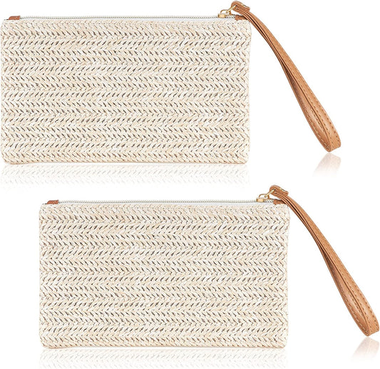 2Pcs Straw Clutch Purse Set – Boho Beach Handbags for Women