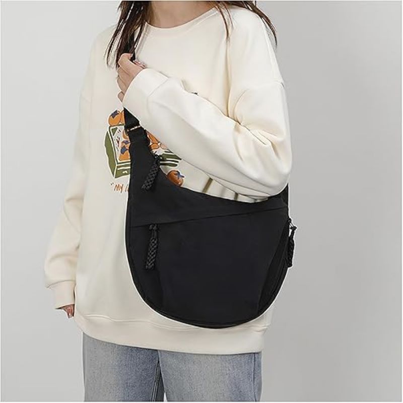 Nylon Crescent Shoulder Bag for Women - Slouchy Crossbody Hobo Purse