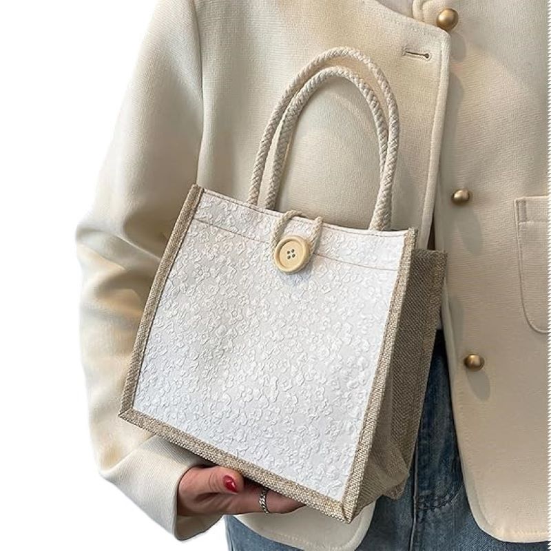 Women Tote Bag, 2Pcs Jute Casual Tote Handbag Embroidered Bento Bag