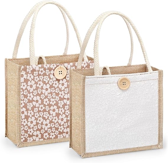Women Tote Bag, 2Pcs Jute Casual Tote Handbag Embroidered Bento Bag
