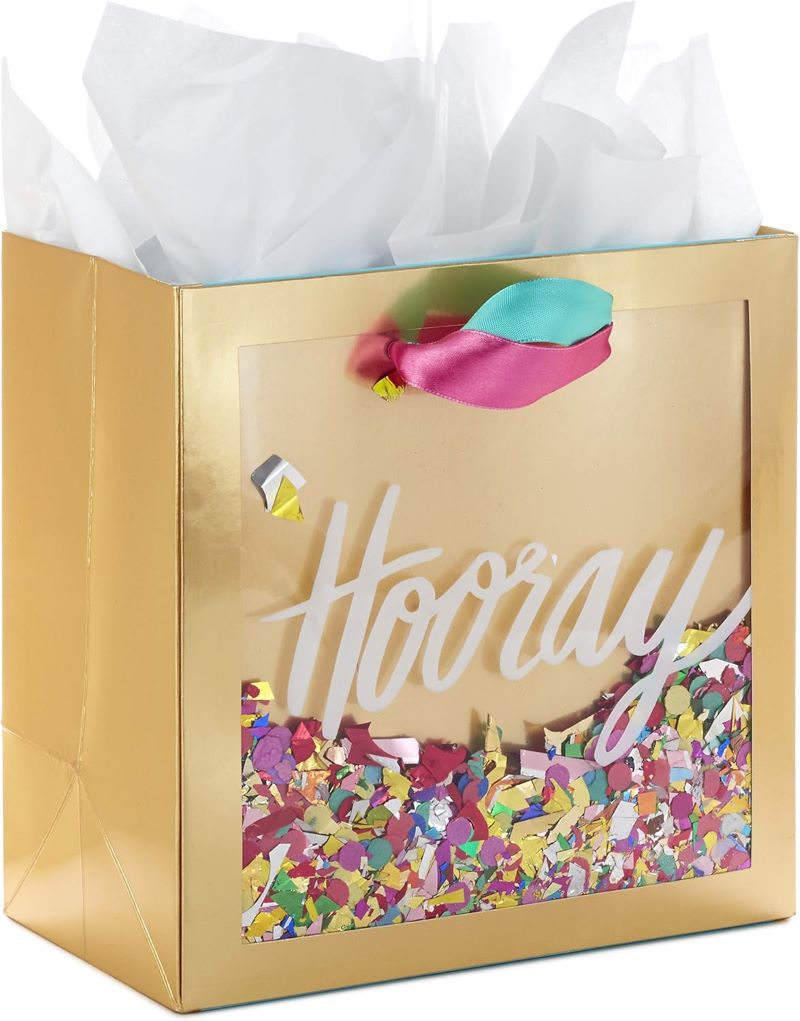 Signature 7" Medium Gift Bag – Hooray Gold with Pink, Teal and Confetti