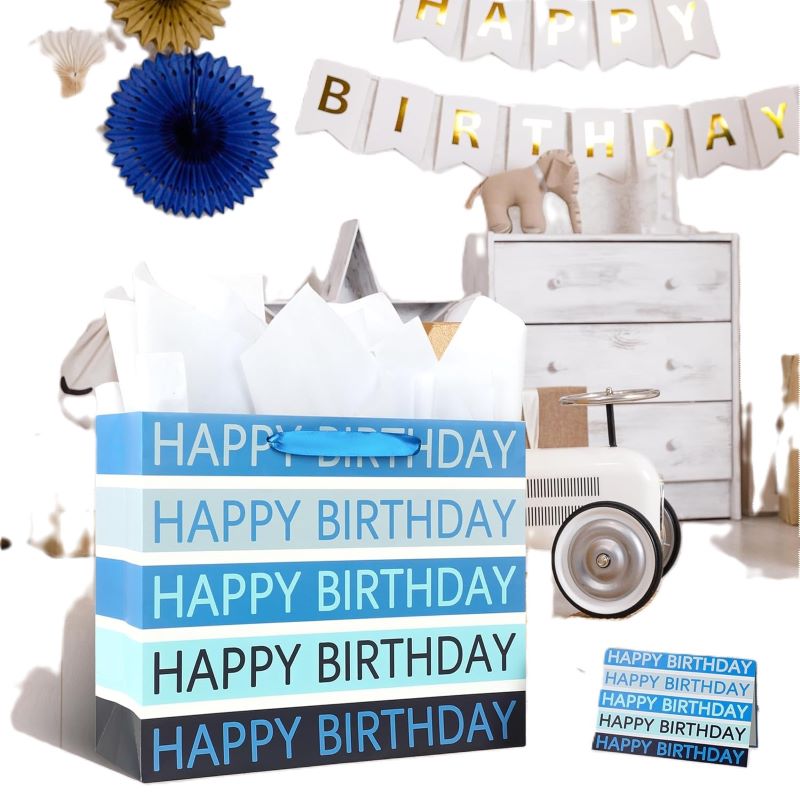 Large 13" Blue Happy Birthday Gift Bag with Tissue Paper, Greeting Card, and Handles