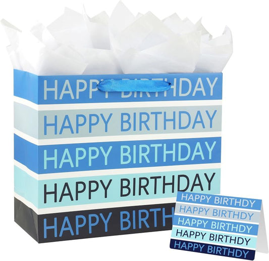 Large 13" Blue Happy Birthday Gift Bag with Tissue Paper, Greeting Card, and Handles