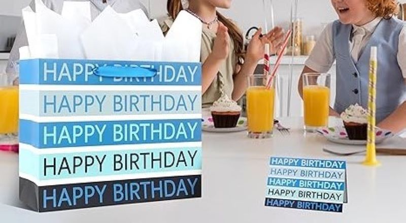 Large 13" Blue Happy Birthday Gift Bag with Tissue Paper, Greeting Card, and Handles