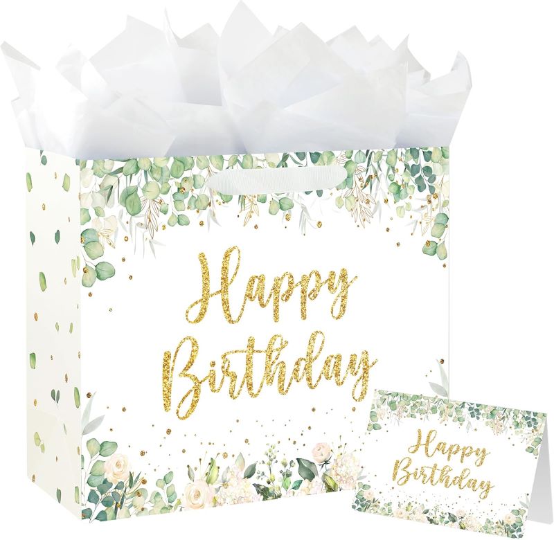 Large 13" Blue Happy Birthday Gift Bag with Tissue Paper, Greeting Card, and Handles