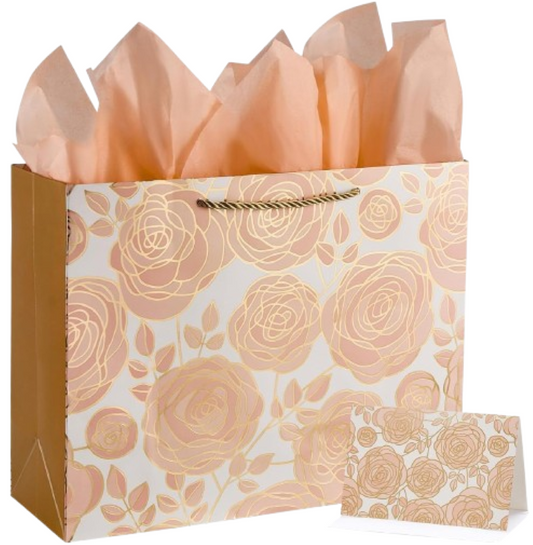 Rose Gold Gift Bag Set with Tissue Paper and Card for Wedding and Birthday