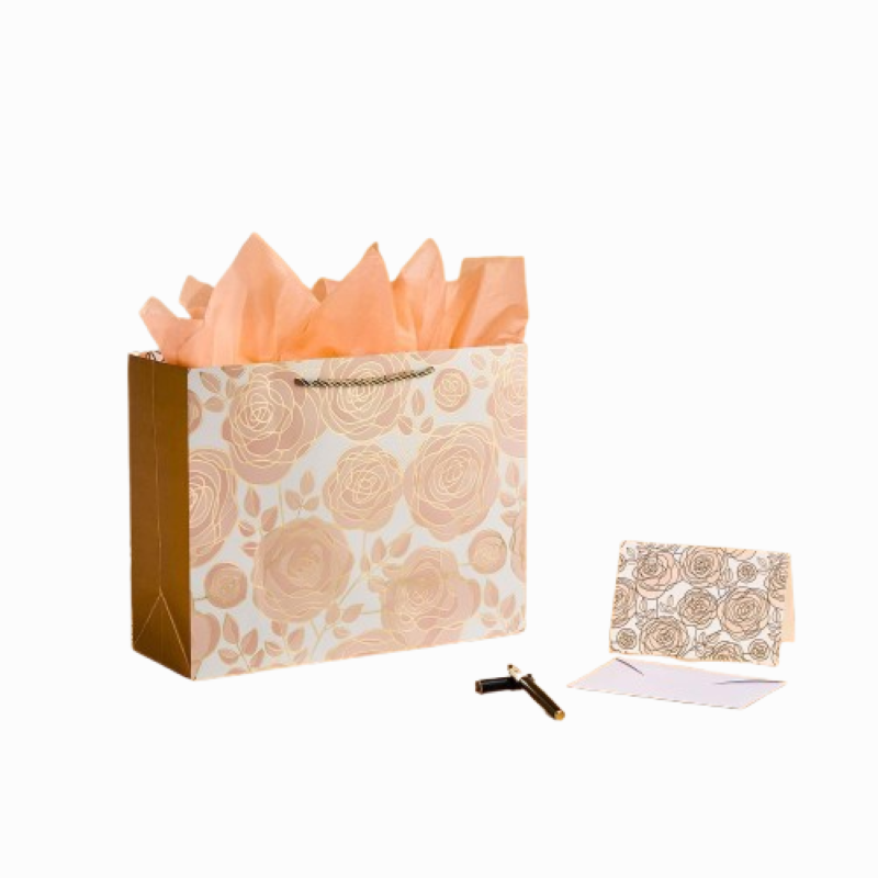 Rose Gold Gift Bag Set with Tissue Paper and Card for Wedding and Birthday