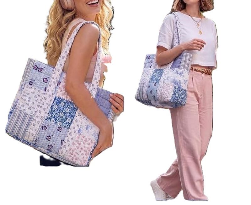Quilted Patchwork Tote Bag Blue Floral Cotton Vintage Everyday Carry