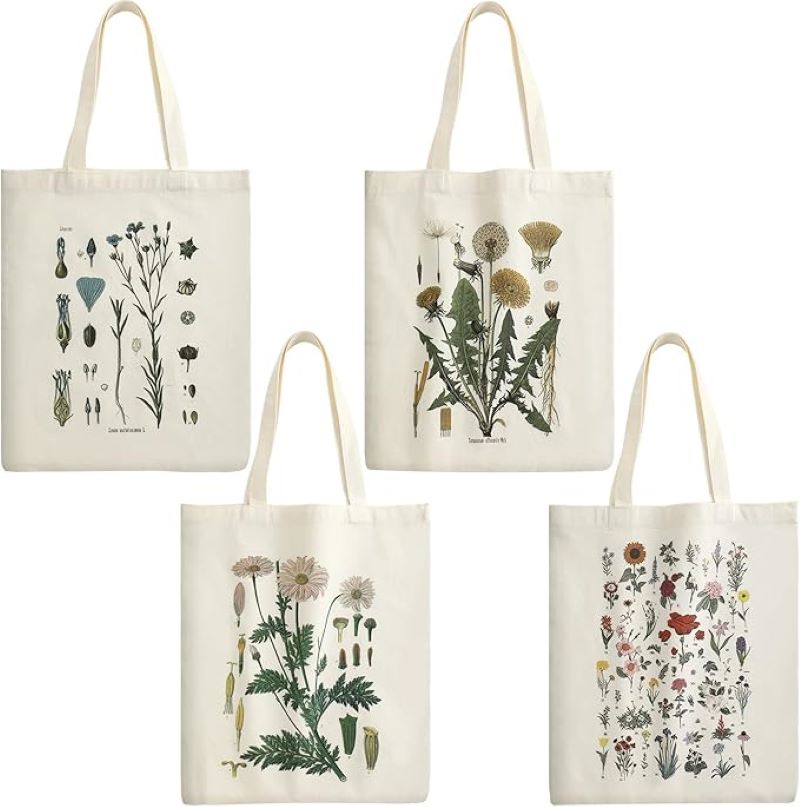 4-Piece Floral Canvas Tote Bag Set – Reusable Aesthetic Shopping Bags