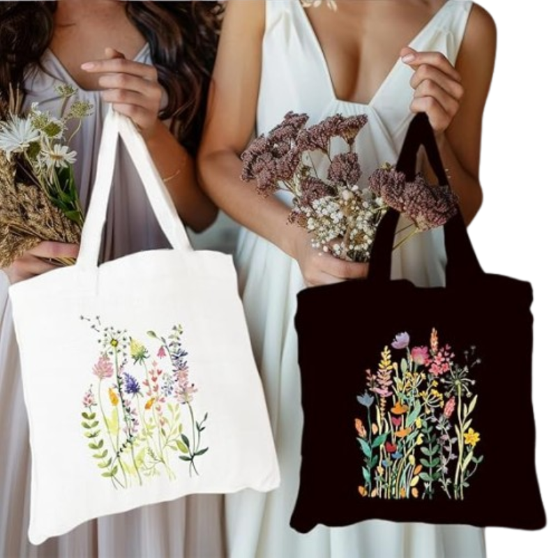 2Piece Floral Canvas Tote Bag Set - Reusable Bags for Work, Shopping and Gifts