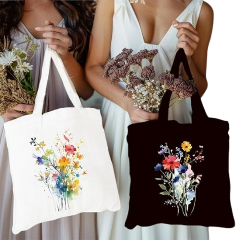 2Piece Floral Canvas Tote Bag Set - Reusable Bags for Work, Shopping and Gifts