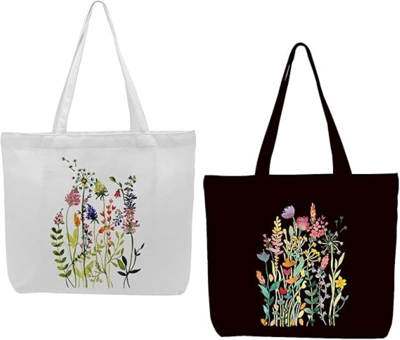 2Piece Floral Canvas Tote Bag Set - Reusable Bags for Work, Shopping and Gifts