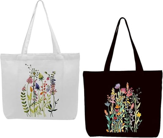 2Piece Floral Canvas Tote Bag Set - Reusable Bags for Work, Shopping and Gifts