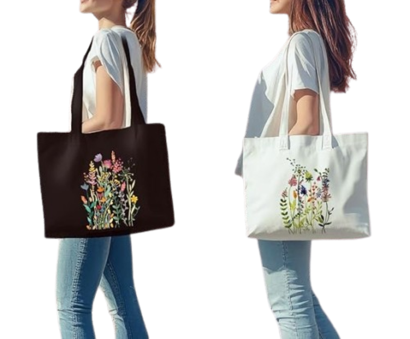 2Piece Floral Canvas Tote Bag Set - Reusable Bags for Work, Shopping and Gifts