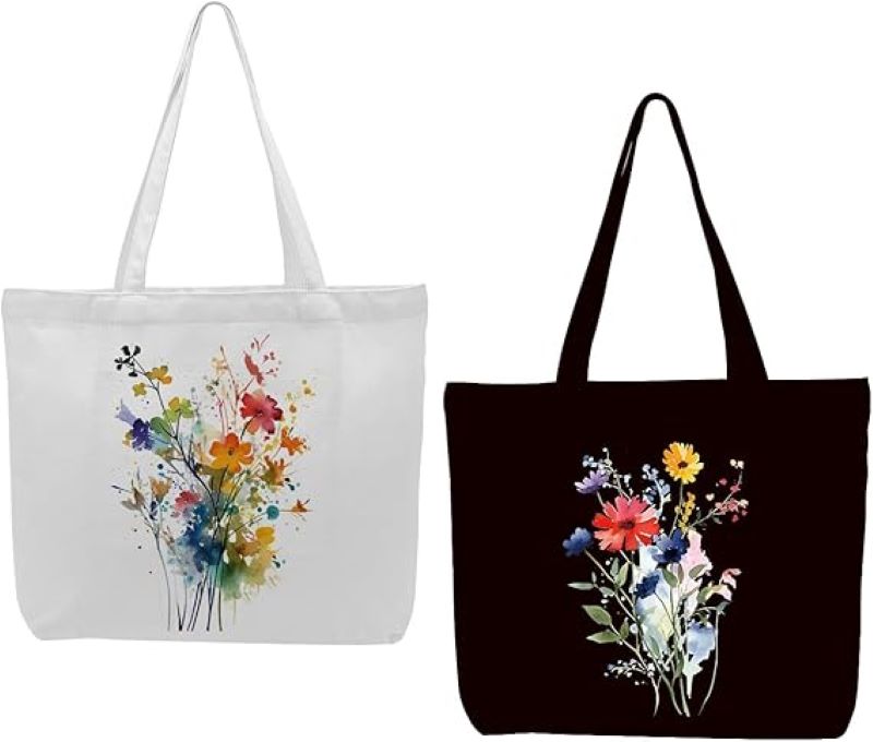 2Piece Floral Canvas Tote Bag Set - Reusable Bags for Work, Shopping and Gifts