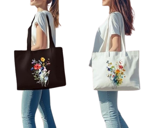 2Piece Floral Canvas Tote Bag Set - Reusable Bags for Work, Shopping and Gifts