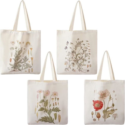 4-Piece Floral Canvas Tote Bag Set – Reusable Aesthetic Shopping Bags