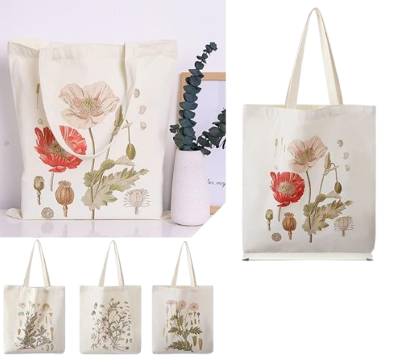 4-Piece Floral Canvas Tote Bag Set – Reusable Aesthetic Shopping Bags