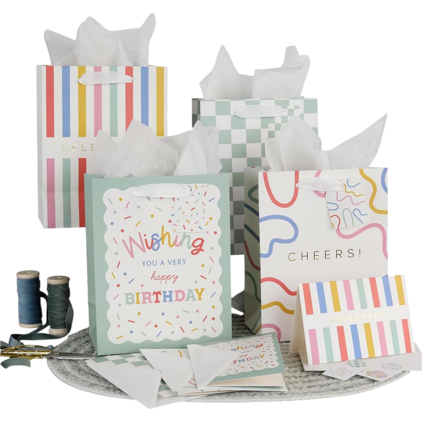 Beautiful Gift Bag Set of 4 with Tissue Paper, Cards & Stickers – Reusable