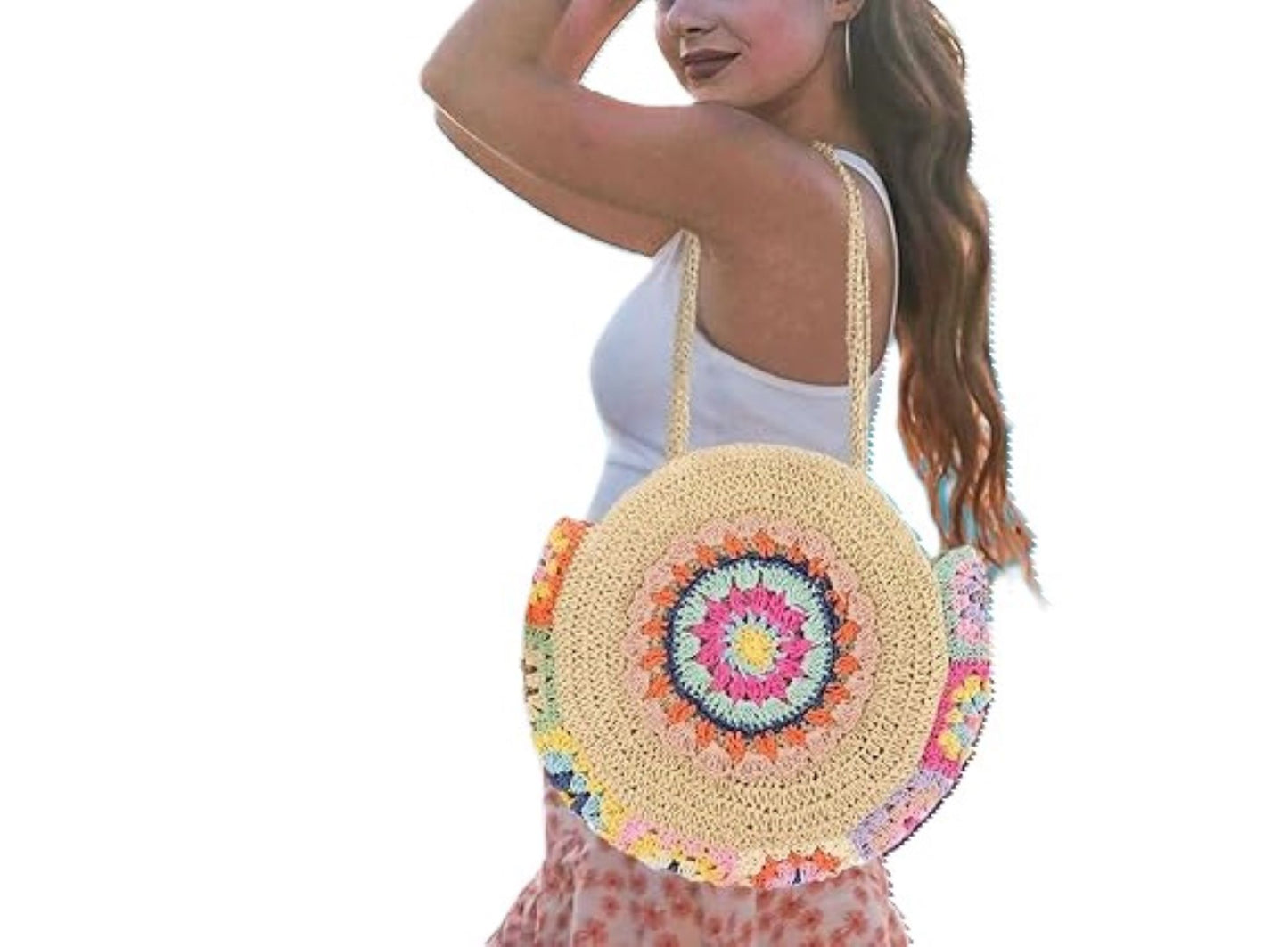 Straw Beach Tote Bag - Large Floral Woven Handbag