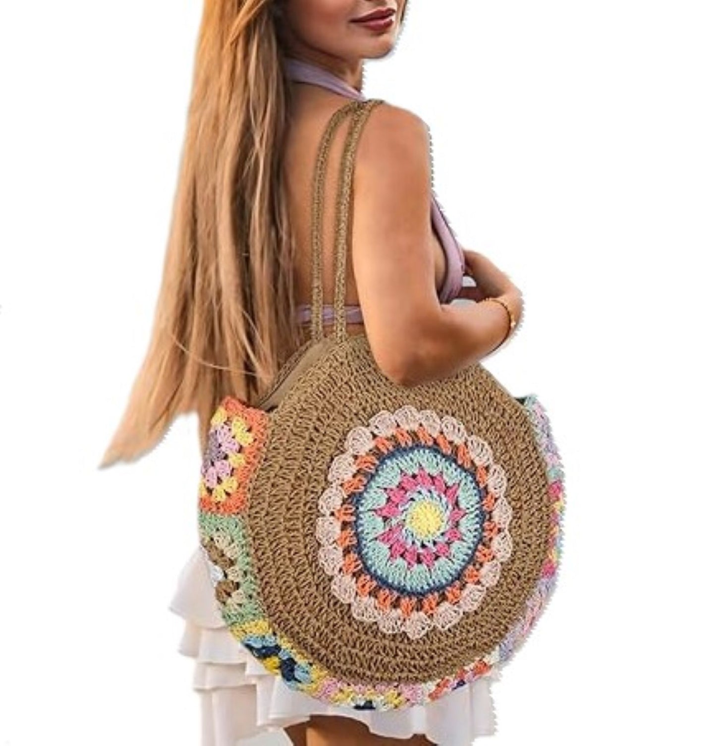 Straw Beach Tote Bag - Large Floral Woven Handbag