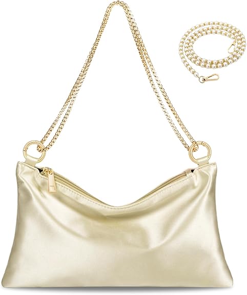 Women Satin Evening Clutch Purse Wedding Prom Party Bag with 2 Chains