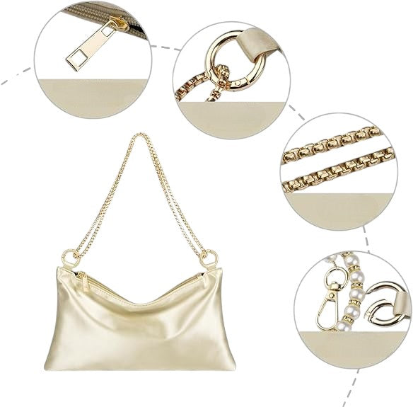 Women Satin Evening Clutch Purse Wedding Prom Party Bag with 2 Chains