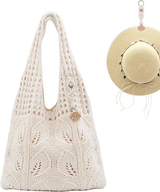 Crochet Tote Bag with Macrame Hat Clip-Cute Summer Beach Bag for Women Travel