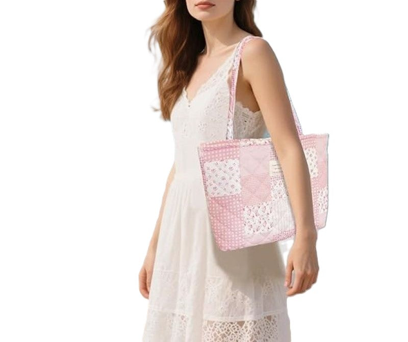 Small Floral Quilted Tote Bag with Zipper, Lightweight Women’s Handbag