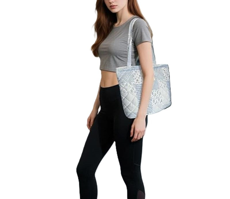 Small Floral Quilted Tote Bag with Zipper, Lightweight Women’s Handbag