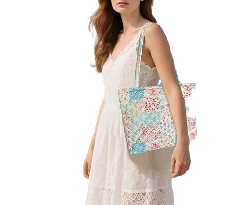Small Floral Quilted Tote Bag with Zipper, Lightweight Women’s Handbag